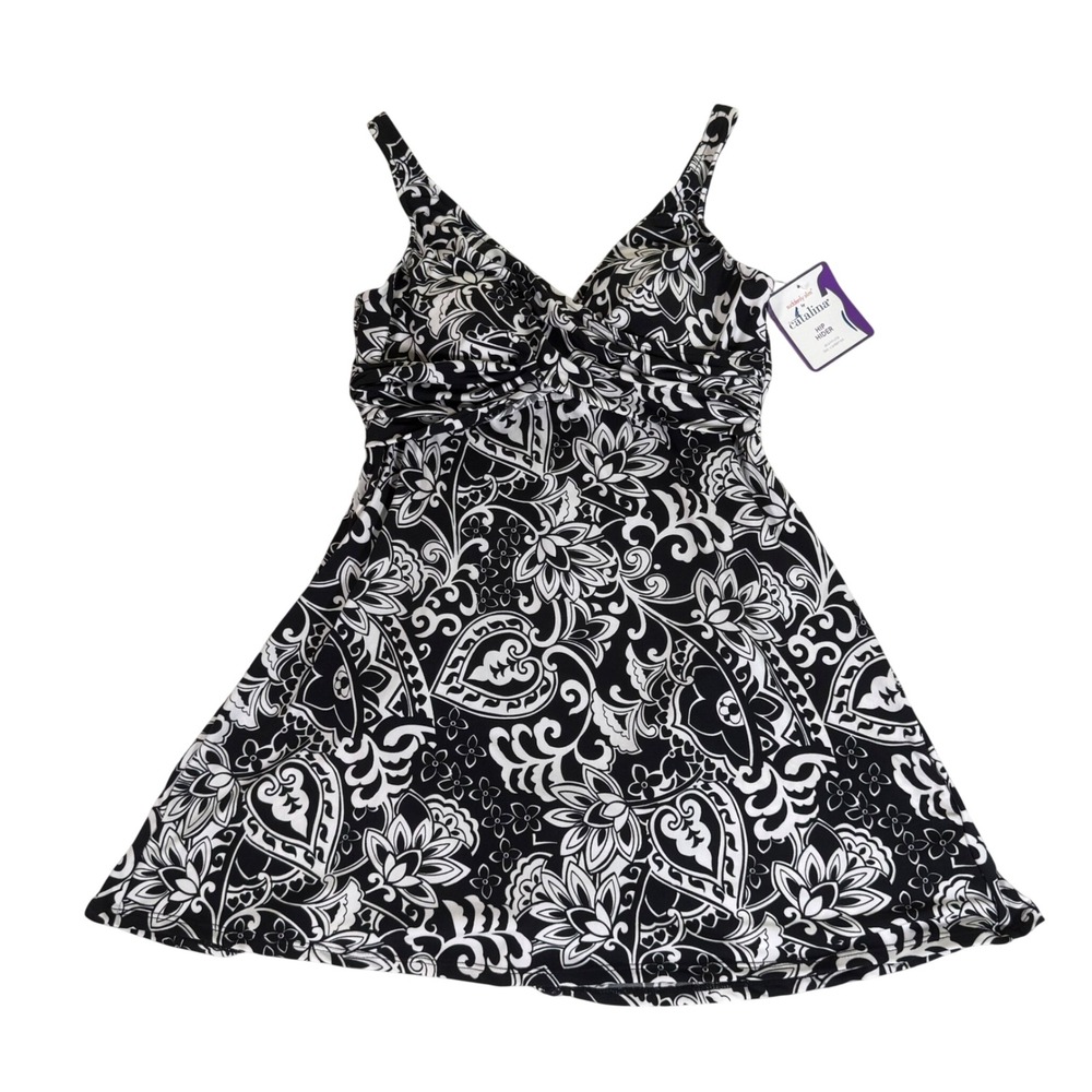 NWT Suddenly Slim-Catalina M 8-10 Women Black White Floral Swimsuit Dress Modest